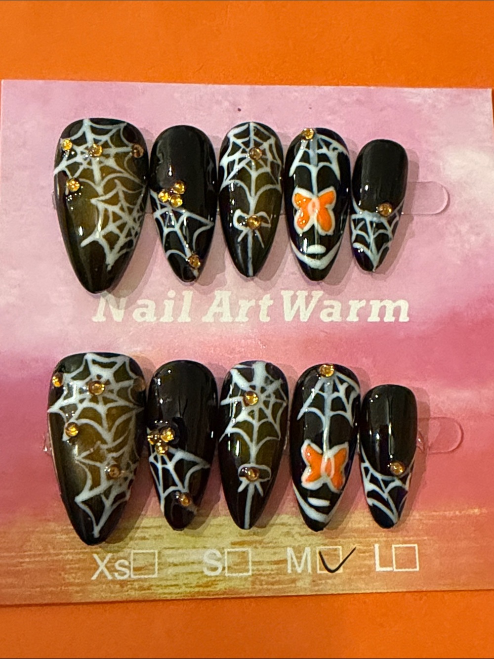 Black Halloween Spiderweb Press-On Nails with Orange Accent